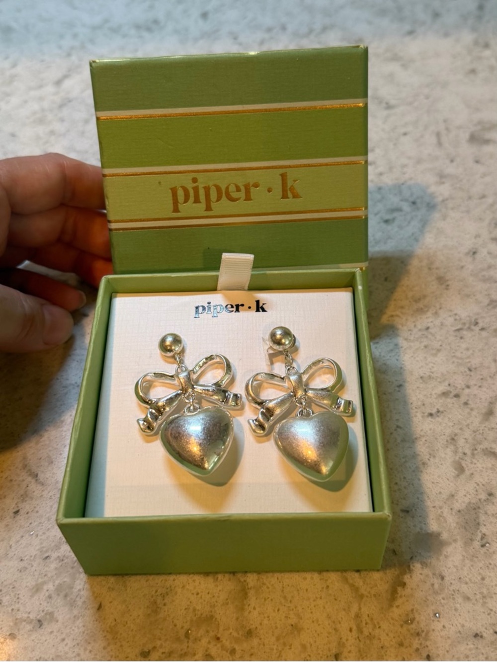 piper·k Silver Heart Bow Drop Earrings